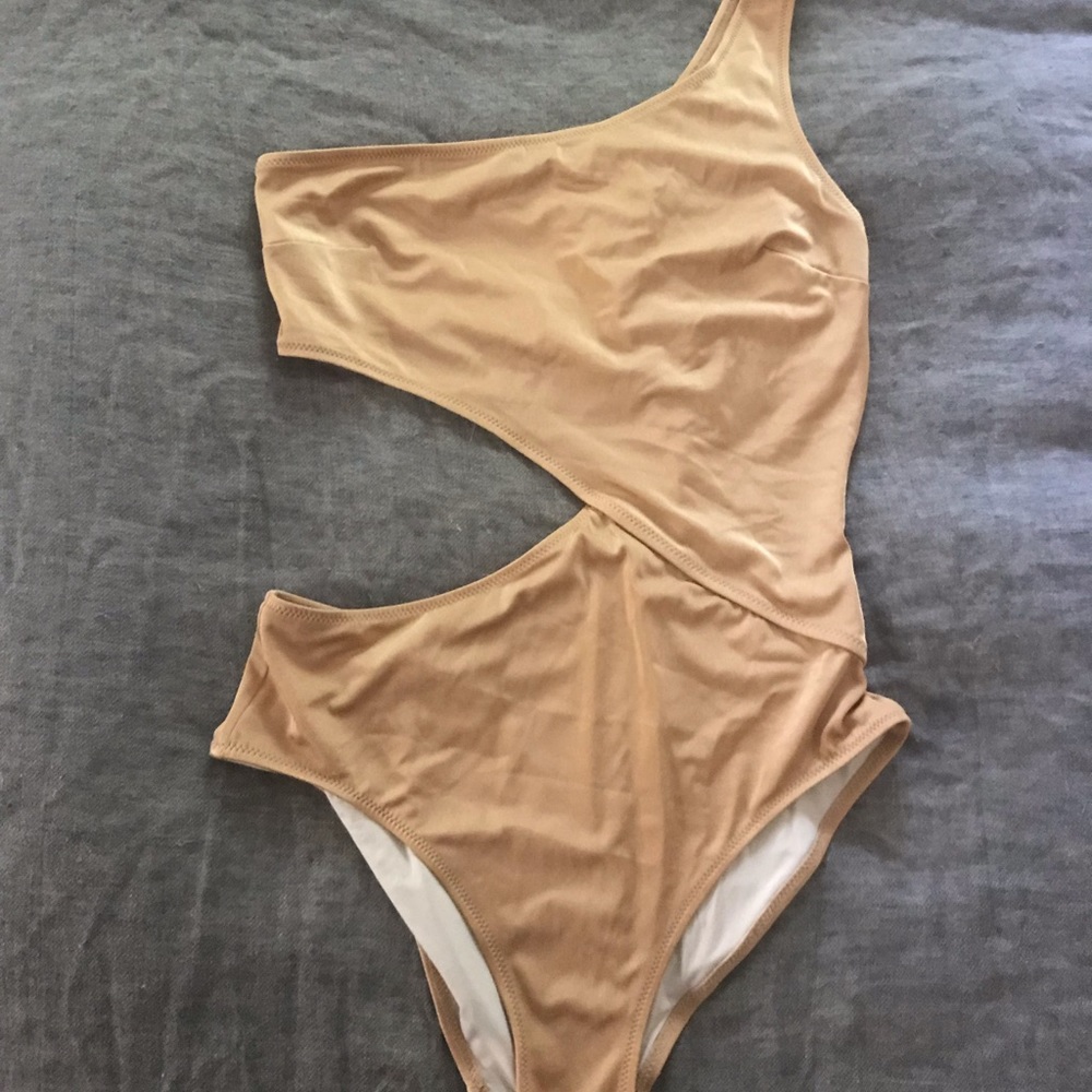 Solid and Striped Tan one sleeved Bathing suit